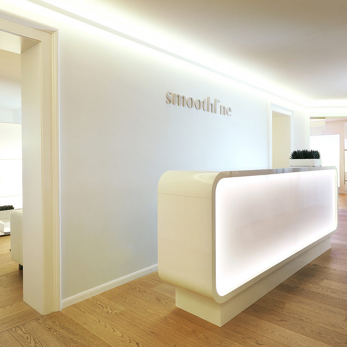 Ansicht des Empfangsdesks im Eingangsbereich von Smoothline in Zürich