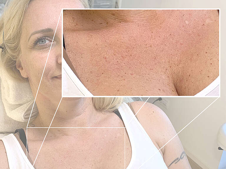 Photo of Sabrina with a detail showing her décolleté area enlarged